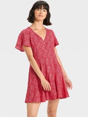 Short Sleeve Button-Front Mini A-Line Dress - Universal Thread Red Stars